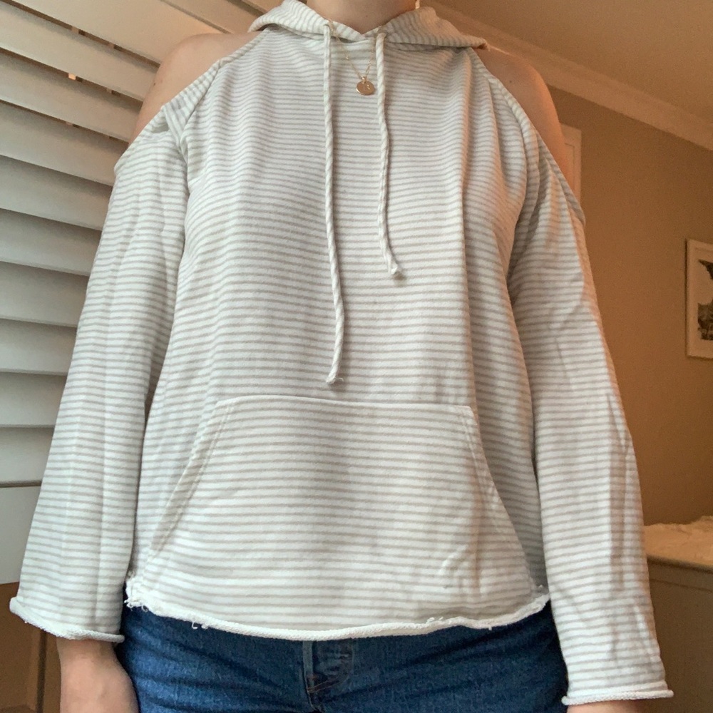 Cold-Shoulder Cream and Tan Striped Sweatshirt